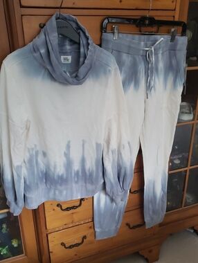 WASH LAB Tie-Dye Cowl Neck Sweatshirt & Jogger Set -  Grey Blue/White Top S/XS